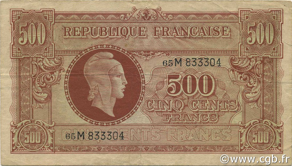 500 Francs MARIANNE fabrication anglaise FRANCIA  1945 VF.11.02 MBC