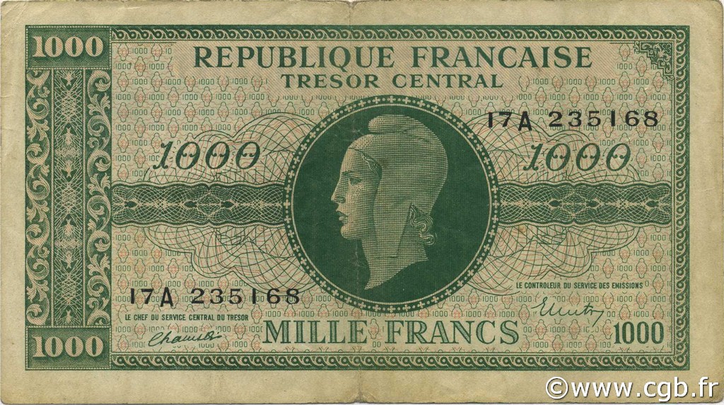 1000 Francs MARIANNE BANQUE D ANGLETERRE FRANKREICH  1945 VF.12.01 SS
