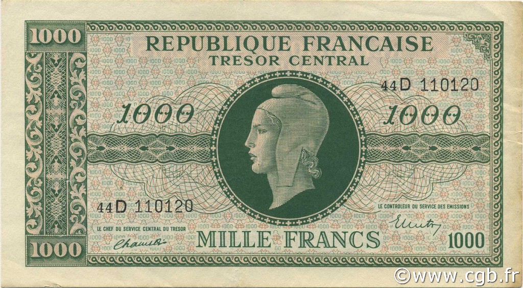 1000 Francs MARIANNE THOMAS DE LA RUE FRANCE  1945 VF.13.01 VF+