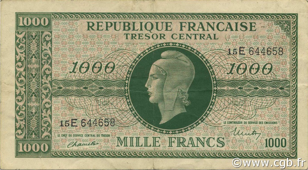 1000 Francs MARIANNE THOMAS DE LA RUE FRANCIA  1945 VF.13.02 MBC