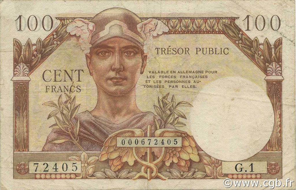 100 Francs TRÉSOR PUBLIC FRANCE  1955 VF.34.01 F+