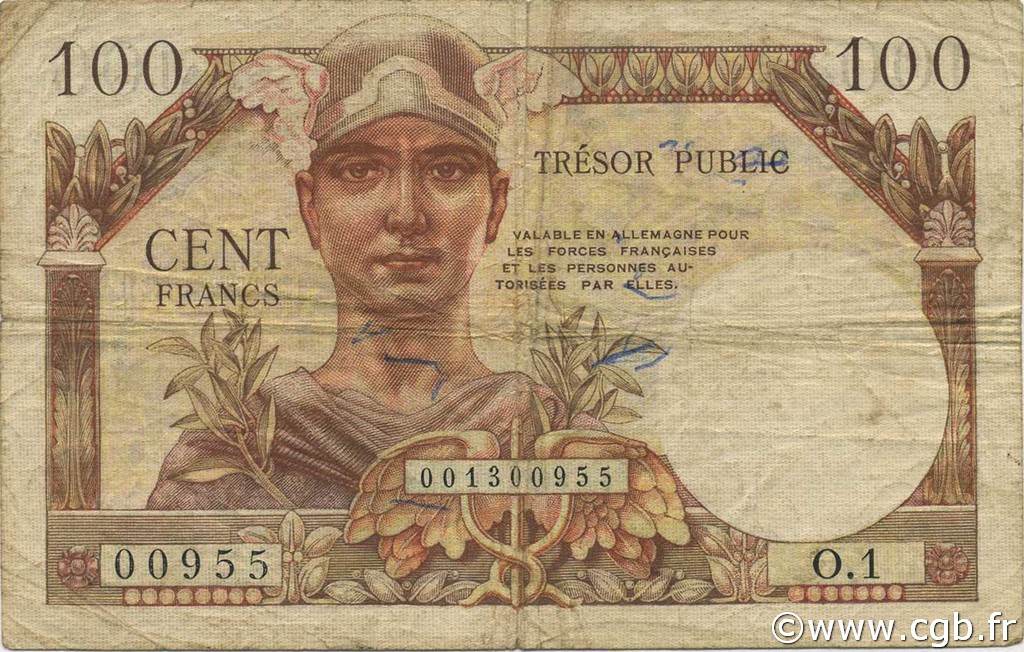 100 Francs TRÉSOR PUBLIC FRANCE  1955 VF.34.01 VG