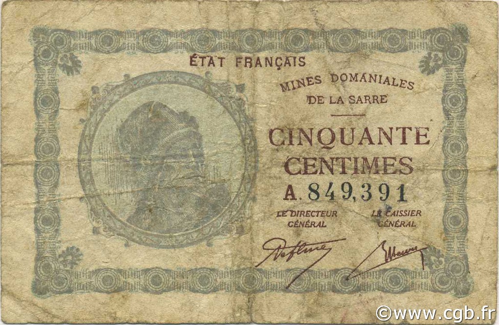 50 Centimes MINES DOMANIALES DE LA SARRE FRANCIA  1920 VF.50.01 q.MB