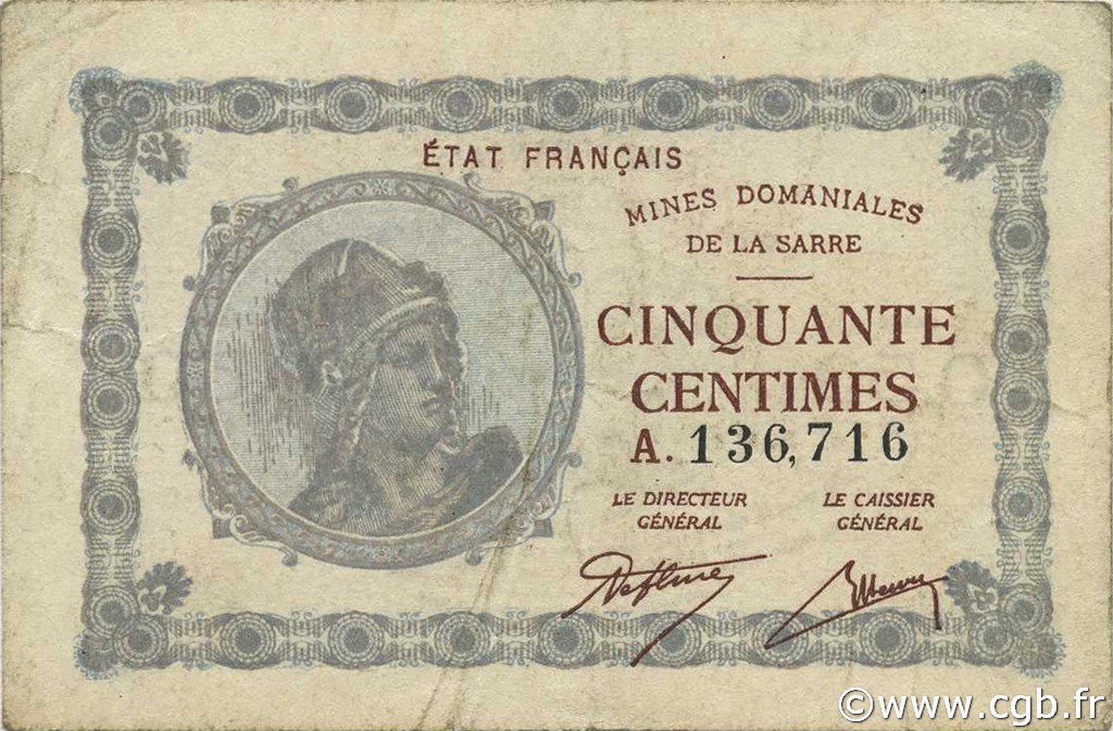 50 Centimes MINES DOMANIALES DE LA SARRE FRANCIA  1920 VF.50.01 BB