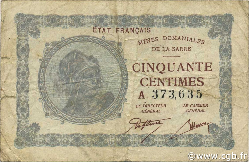 50 Centimes MINES DOMANIALES DE LA SARRE FRANCIA  1920 VF.50.01 q.MB