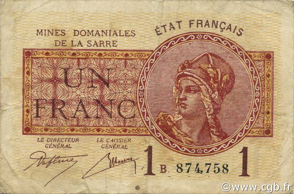 1 Franc MINES DOMANIALES DE LA SARRE FRANKREICH  1920 VF.51.02 fSS