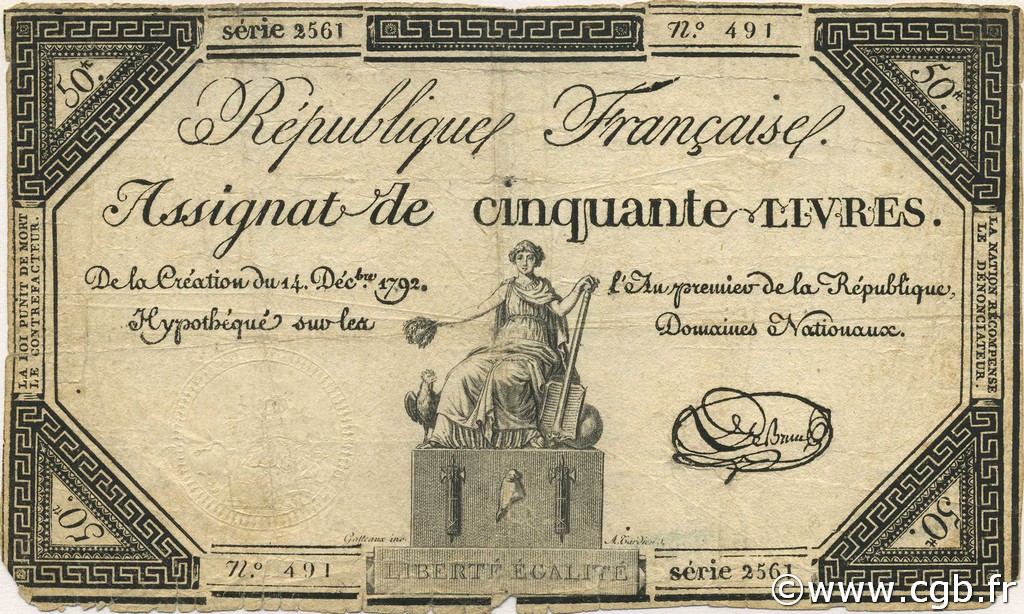 50 Livres FRANCE  1792 Ass.39a B+