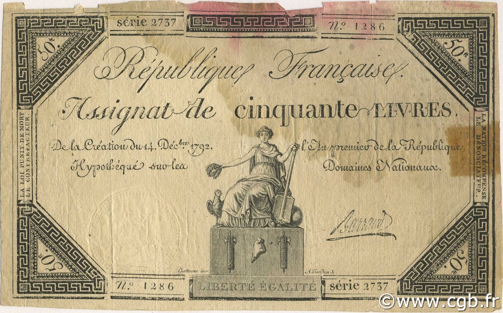 50 Livres FRANCIA  1792 Ass.39a q.BB