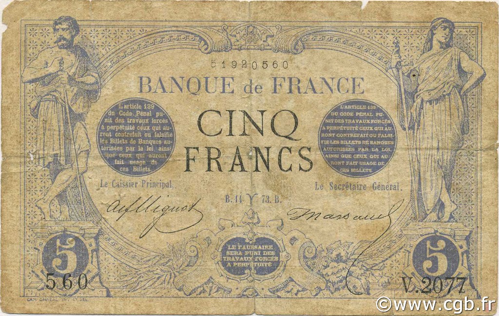 5 Francs NOIR FRANKREICH  1873 F.01.16 SGE