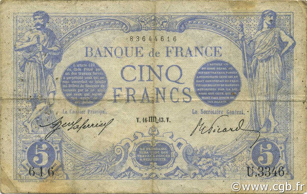 5 Francs BLEU FRANCIA  1913 F.02.21 B a MB