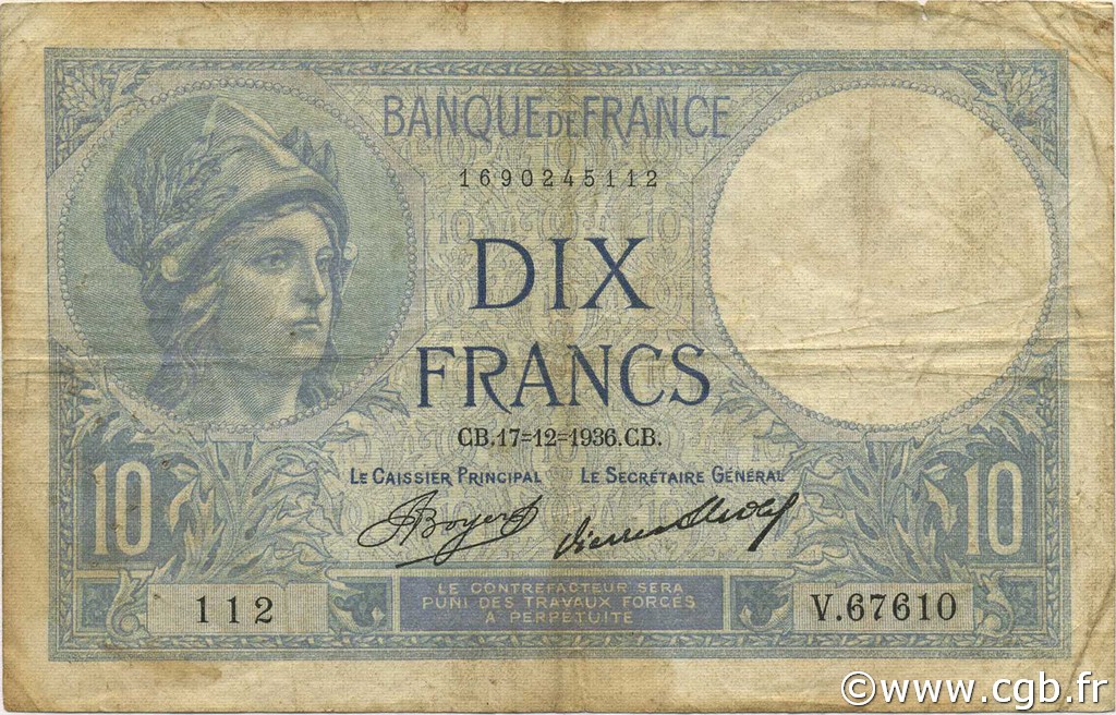 10 Francs MINERVE FRANCIA  1936 F.06.17 BC