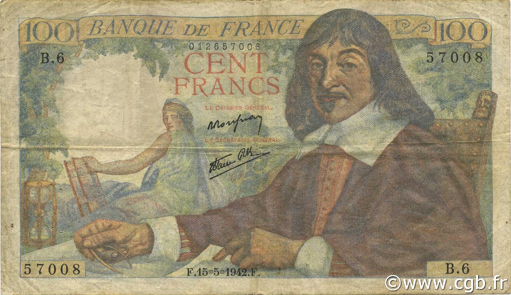 100 Francs DESCARTES FRANCE  1942 F.27.01 TB+