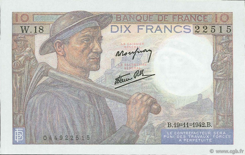 10 Francs MINEUR FRANCE  1942 F.08.05 NEUF