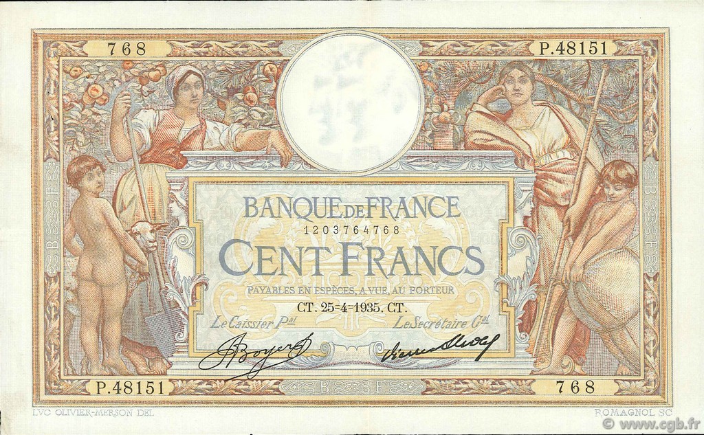 100 Francs LUC OLIVIER MERSON grands cartouches FRANCE  1935 F.24.14 VF+