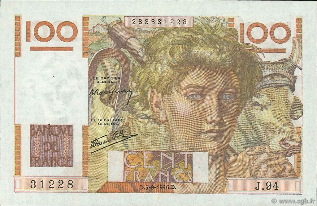 100 Francs JEUNE PAYSAN FRANCIA  1946 F.28.08 SPL