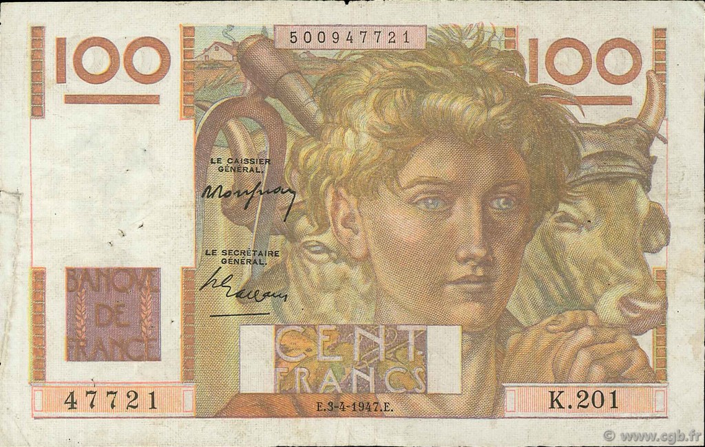 100 Francs JEUNE PAYSAN FRANKREICH  1947 F.28.14 fSS