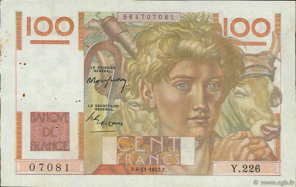 100 Francs JEUNE PAYSAN FRANCIA  1947 F.28.16 MBC