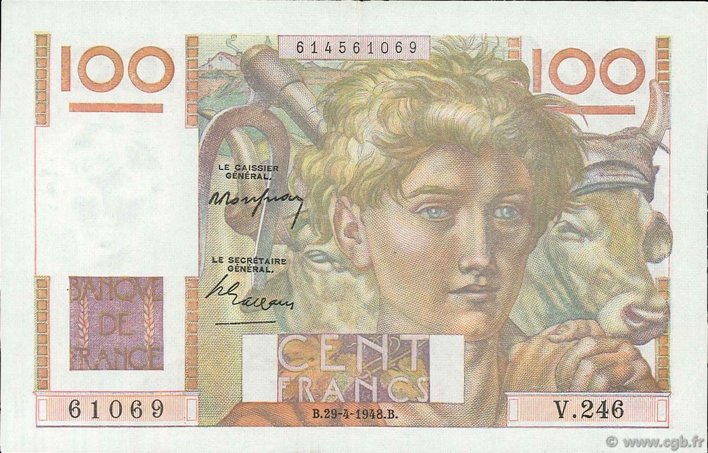 100 Francs JEUNE PAYSAN FRANKREICH  1948 F.28.18 fVZ