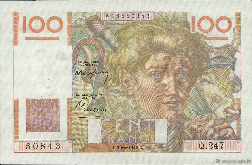 100 Francs JEUNE PAYSAN FRANCE  1948 F.28.18 VF+