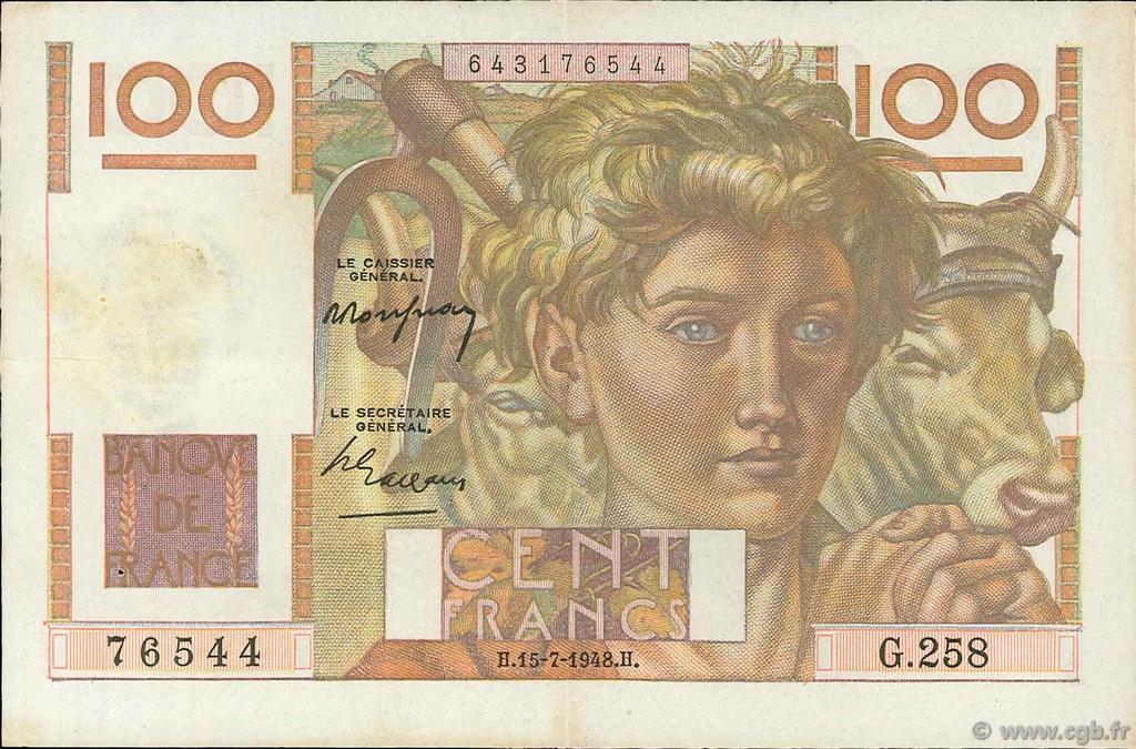 100 Francs JEUNE PAYSAN FRANCIA  1948 F.28.19 EBC
