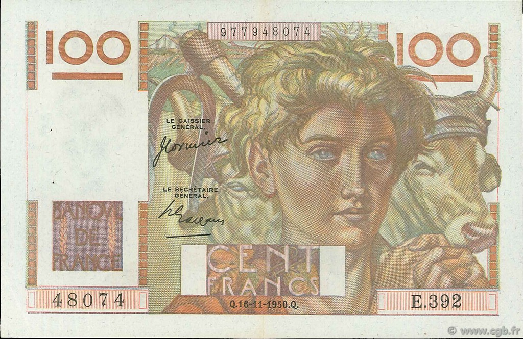 100 Francs JEUNE PAYSAN FRANKREICH  1950 F.28.28 fVZ