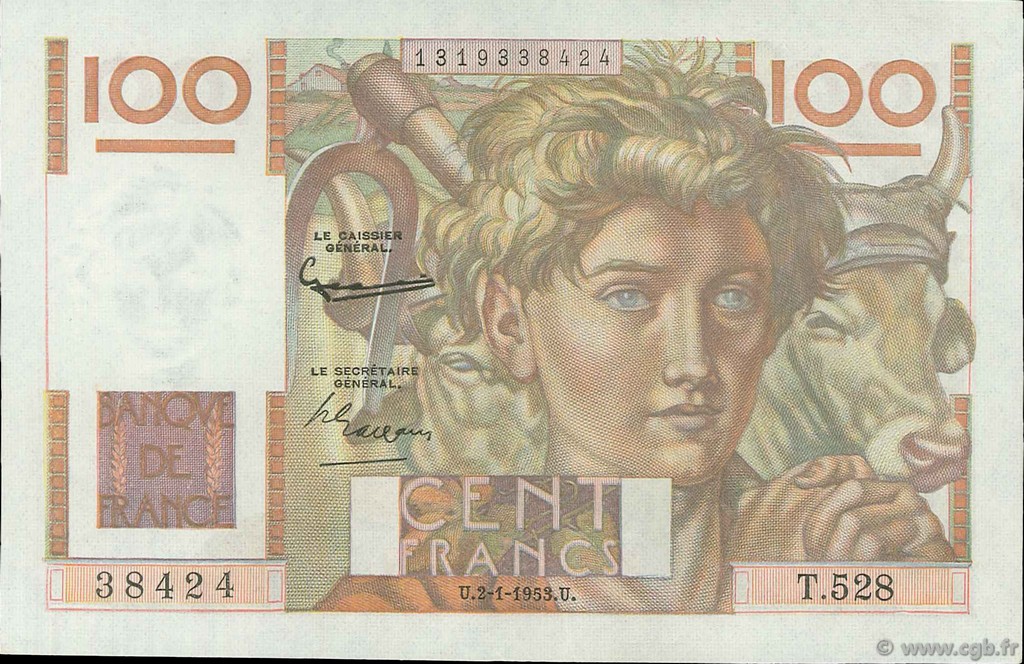 100 Francs JEUNE PAYSAN FRANCE  1953 F.28.35 XF