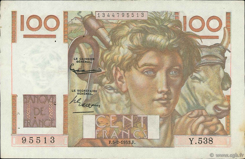 100 Francs JEUNE PAYSAN FRANCE  1953 F.28.36 TTB