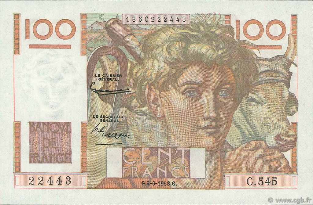 100 Francs JEUNE PAYSAN FRANCIA  1953 F.28.37 SPL+