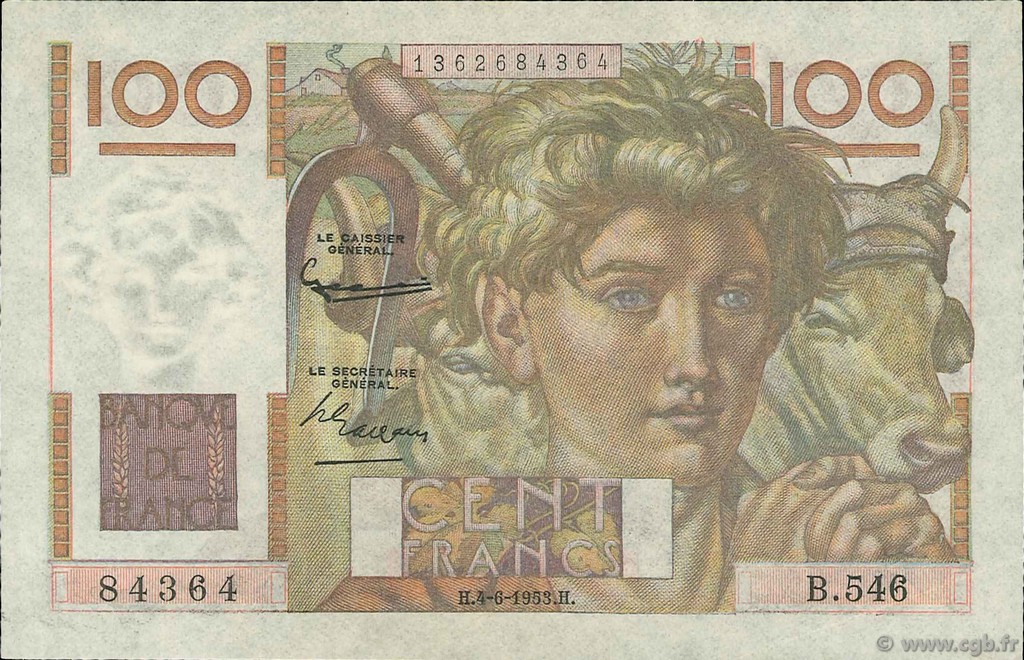 100 Francs JEUNE PAYSAN FRANCE  1953 F.28.37 AU