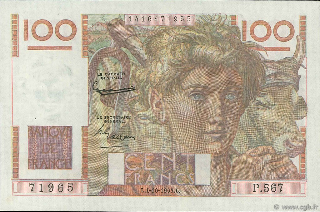 100 Francs JEUNE PAYSAN FRANCIA  1953 F.28.39 EBC+
