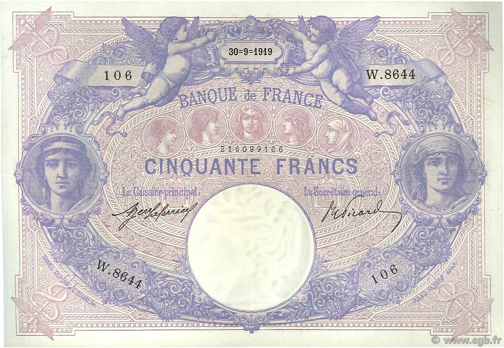 50 Francs BLEU ET ROSE FRANCE  1919 F.14.32 XF-