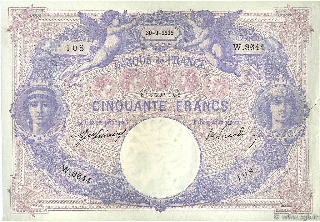 50 Francs BLEU ET ROSE FRANCIA  1919 F.14.32 MBC