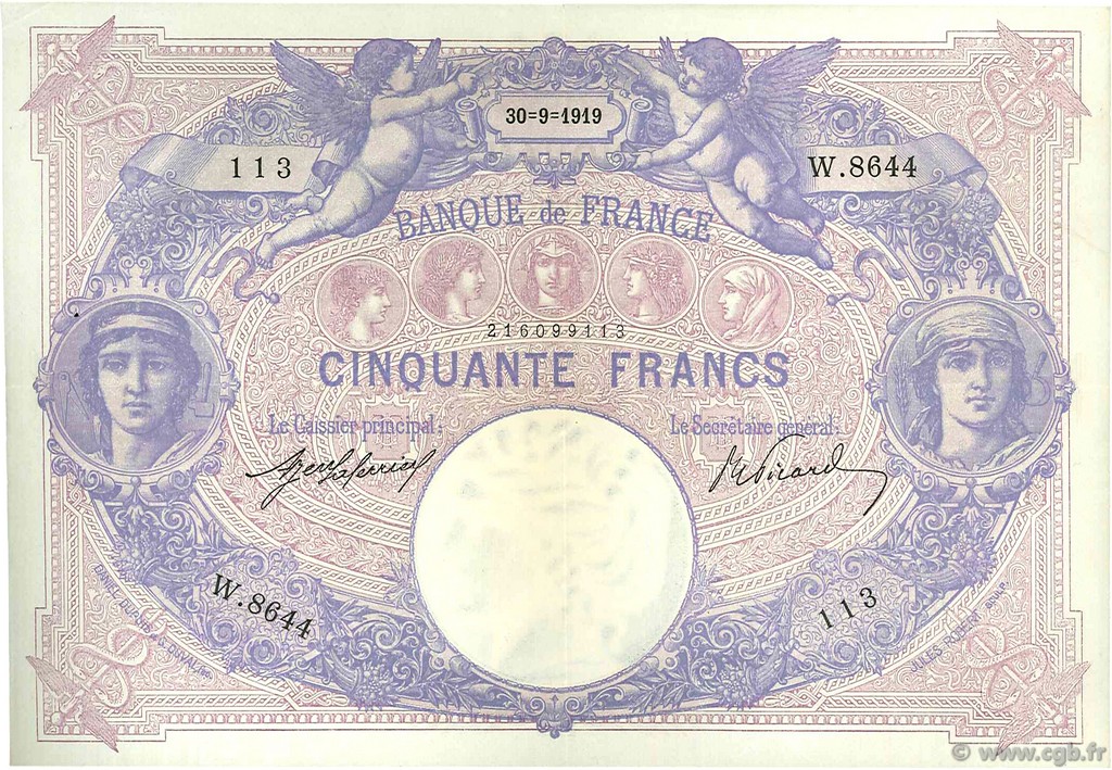 50 Francs BLEU ET ROSE FRANCE  1919 F.14.32 XF