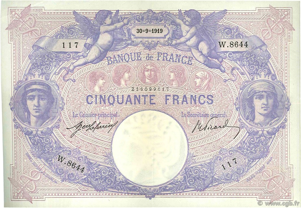 50 Francs BLEU ET ROSE FRANKREICH  1919 F.14.32 fVZ