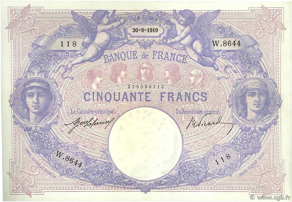 50 Francs BLEU ET ROSE FRANCIA  1919 F.14.32 q.SPL