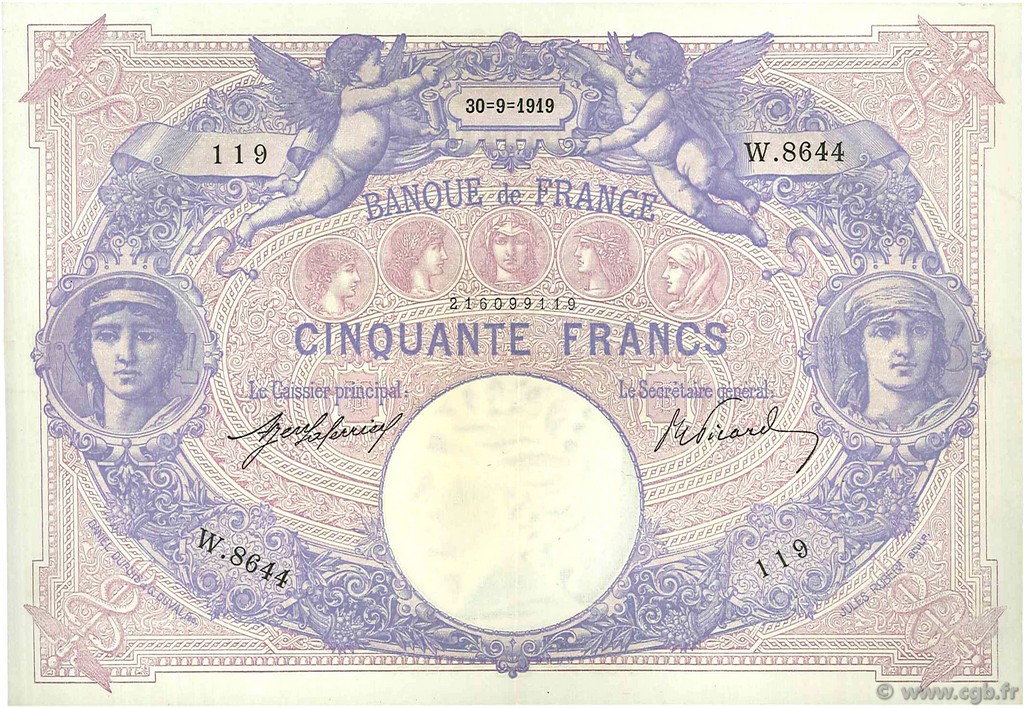 50 Francs BLEU ET ROSE FRANKREICH  1919 F.14.32 VZ