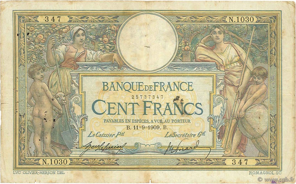 100 Francs LUC OLIVIER MERSON sans LOM FRANCIA  1909 F.23.01 RC