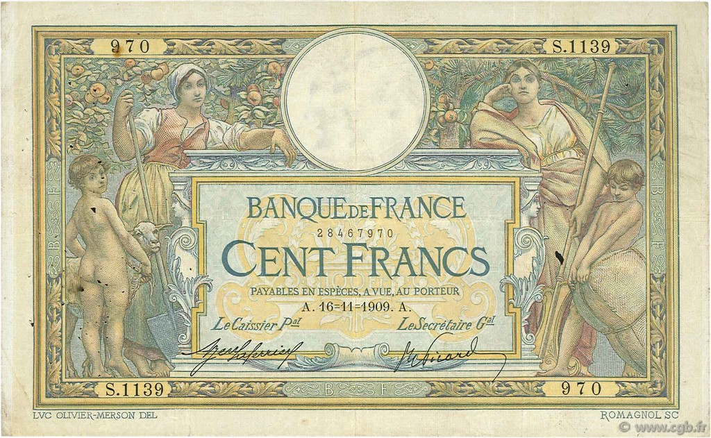 100 Francs LUC OLIVIER MERSON sans LOM FRANCIA  1909 F.23.01 MB