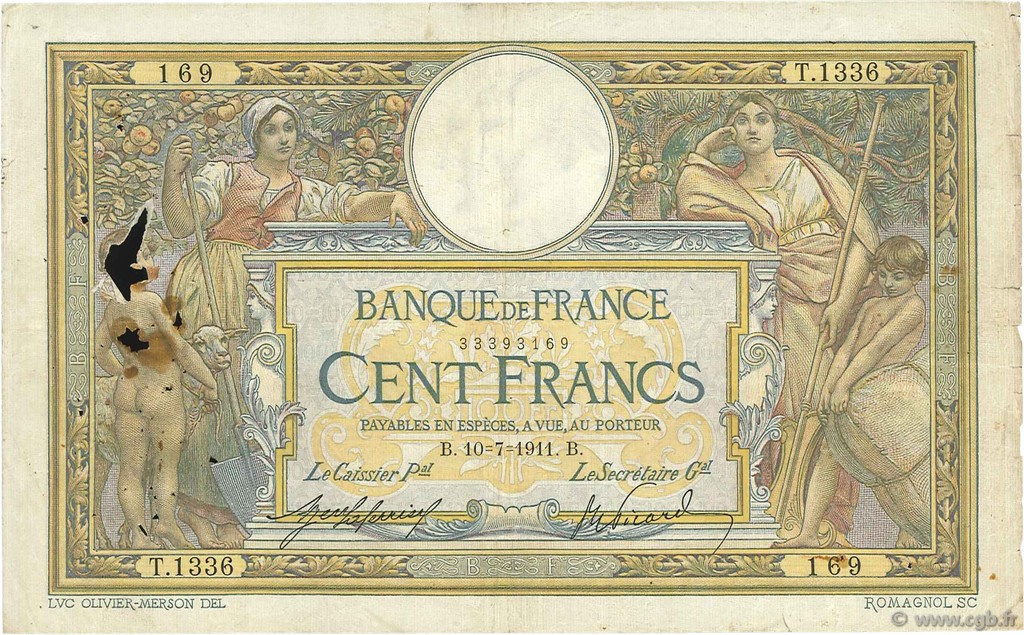 100 Francs LUC OLIVIER MERSON sans LOM FRANCIA  1911 F.23.03 B