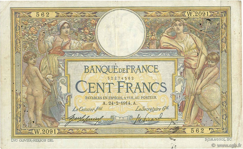 100 Francs LUC OLIVIER MERSON sans LOM FRANCIA  1914 F.23.06 q.MB