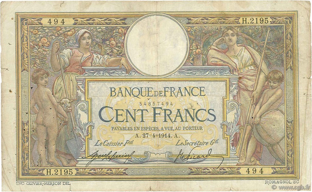 100 Francs LUC OLIVIER MERSON sans LOM FRANKREICH  1914 F.23.06 SGE