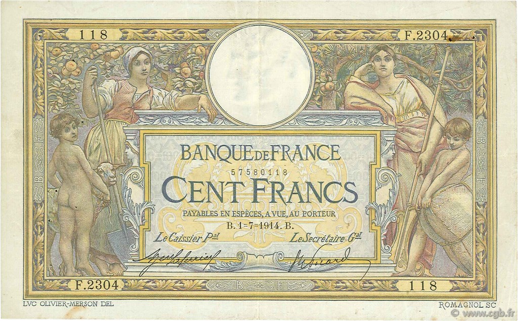 100 Francs LUC OLIVIER MERSON sans LOM FRANCIA  1914 F.23.06 BB