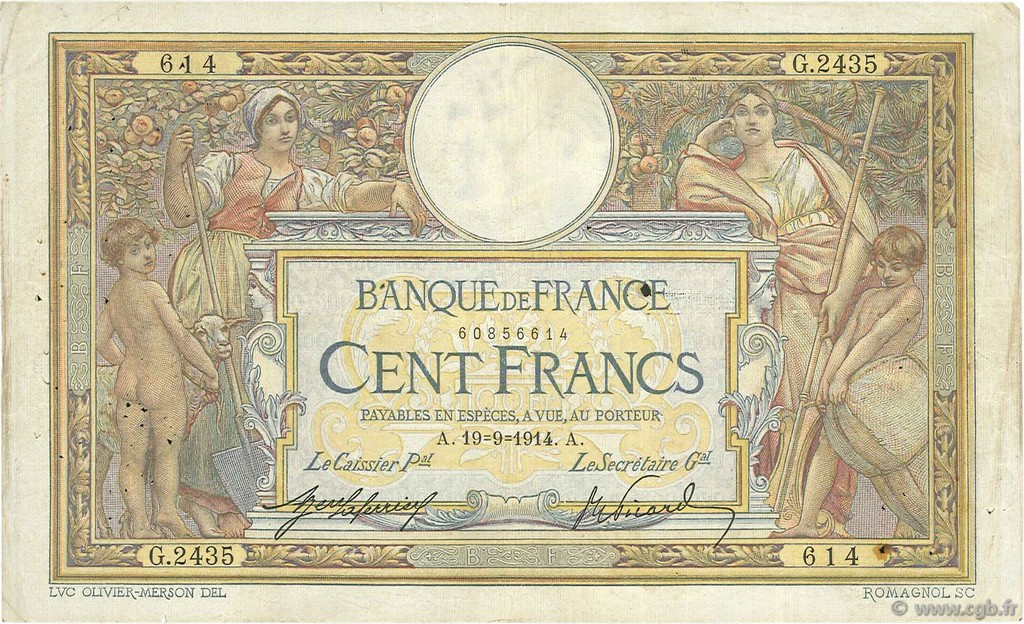 100 Francs LUC OLIVIER MERSON sans LOM FRANCIA  1914 F.23.06 MB