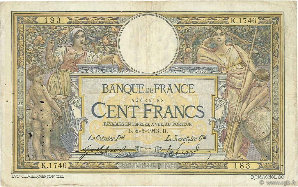 100 Francs LUC OLIVIER MERSON sans LOM FRANKREICH  1913 F.23.05 fS