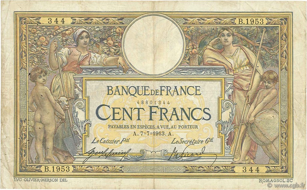 100 Francs LUC OLIVIER MERSON sans LOM FRANKREICH  1913 F.23.05 S