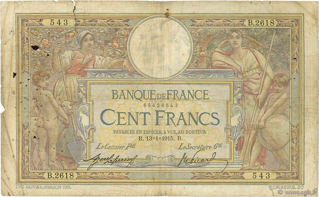 100 Francs LUC OLIVIER MERSON sans LOM FRANCIA  1915 F.23.07 MC