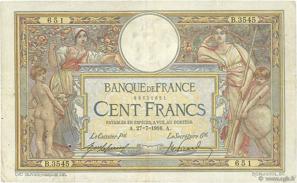 100 Francs LUC OLIVIER MERSON sans LOM FRANCE  1916 F.23.08 VG