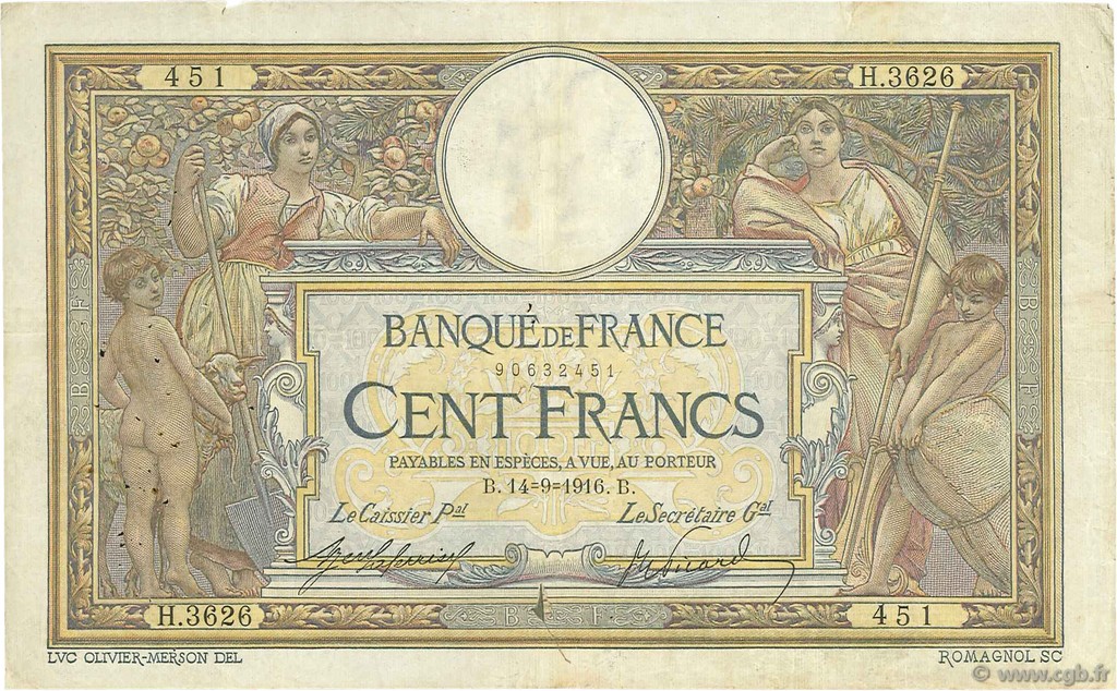 100 Francs LUC OLIVIER MERSON sans LOM FRANCIA  1916 F.23.08 RC+