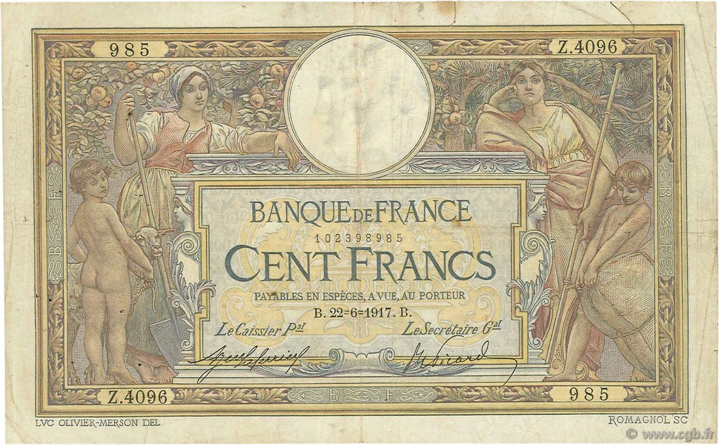 100 Francs LUC OLIVIER MERSON sans LOM FRANCIA  1917 F.23.09a RC