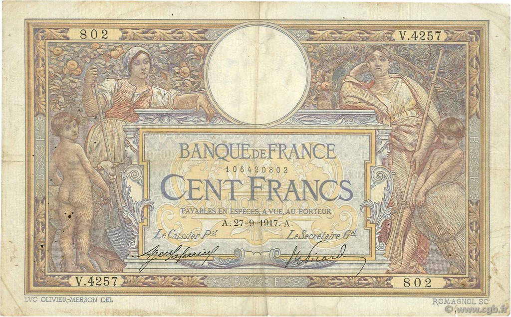 100 Francs LUC OLIVIER MERSON sans LOM FRANKREICH  1917 F.23.09a fS